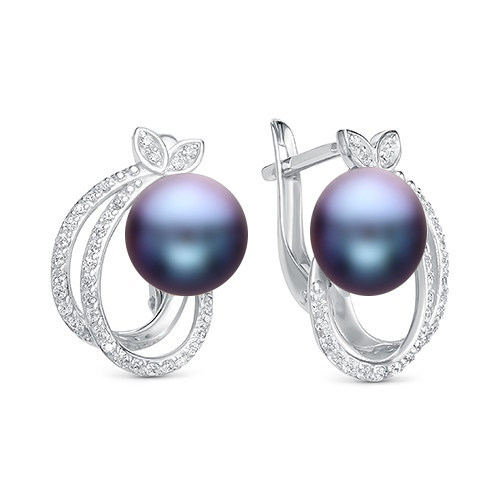 Серьги из серебра с черными жемчужинами 8,5-9 мм. Артикул 11114