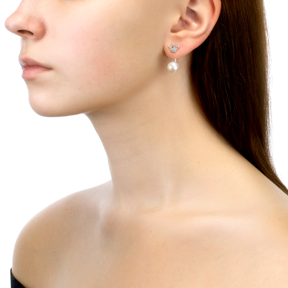 Двойные пусеты "Dior" из серебра с белыми жемчужинами 8,5-9 мм. Артикул 11470