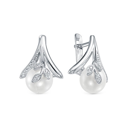 Серьги из серебра с белыми жемчужинами 9,5-10 мм. Артикул 12616