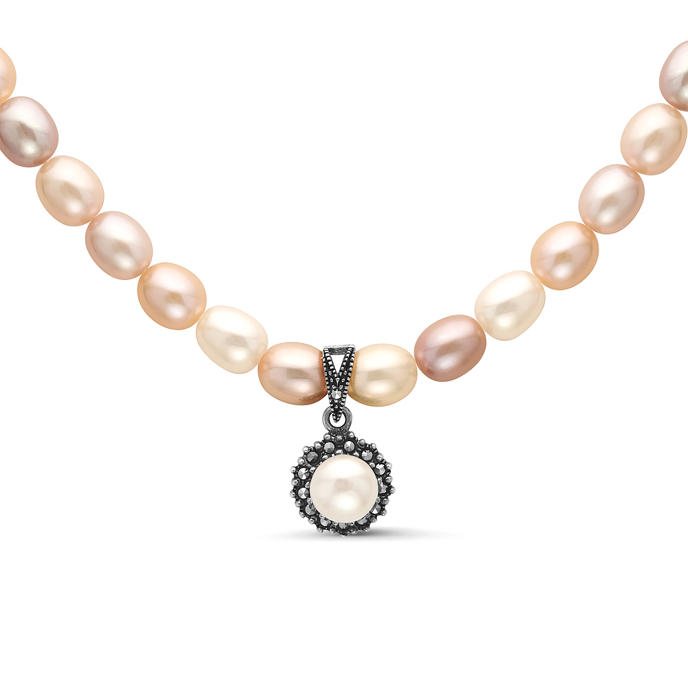 Ожерелье "микс" с кулоном из розового речного жемчуга 7,5-8 мм. Качество жемчуга наивысшее ААА. Артикул 11352
