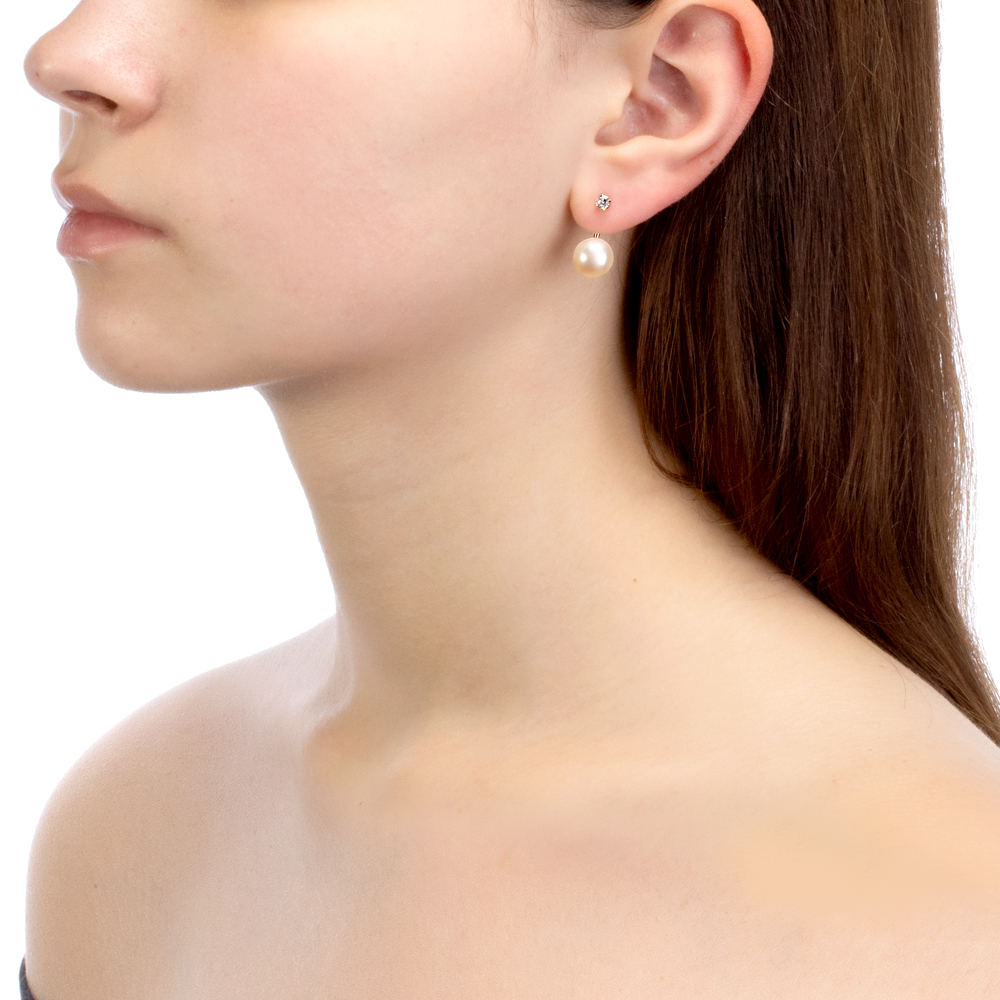 Двойные пусеты "Dior" из серебра с розовыми жемчужинами 9,5-10 мм. Артикул 10929