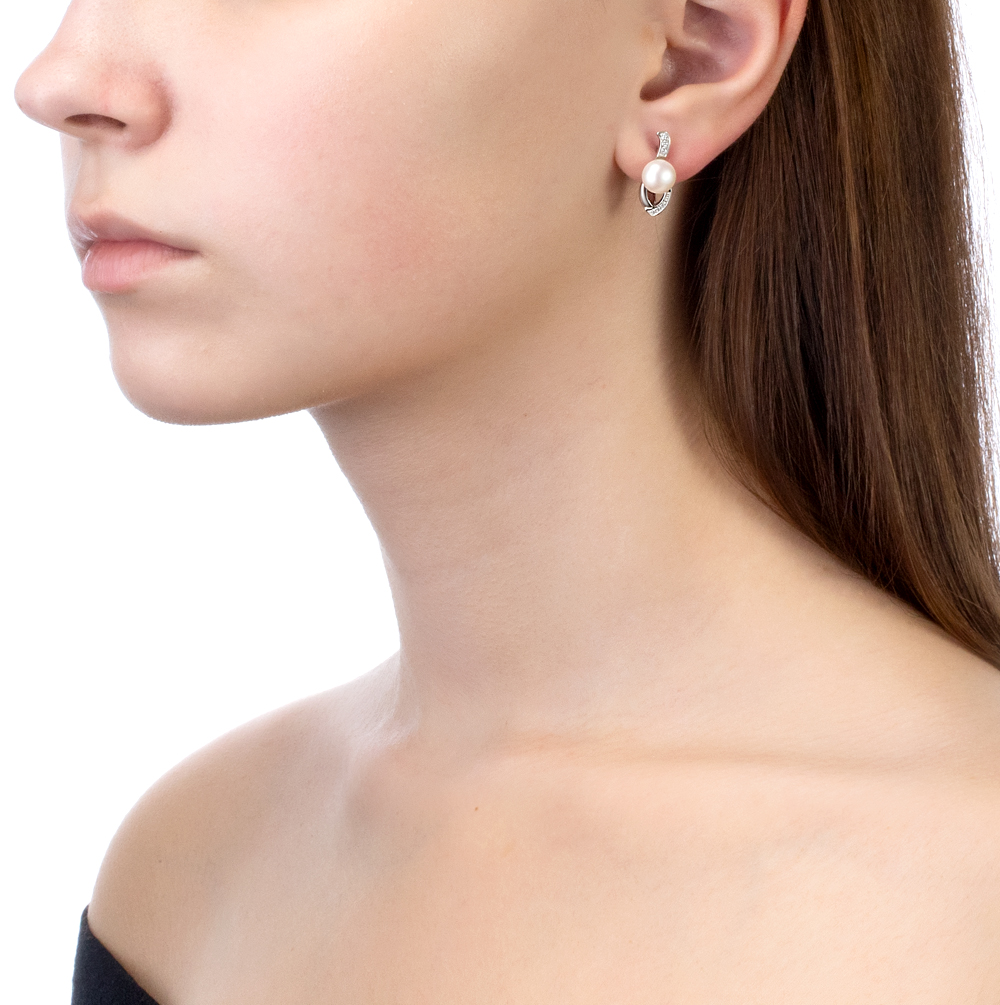 Серьги из серебра с белыми жемчужинами 7-7,5 мм. Артикул 10788