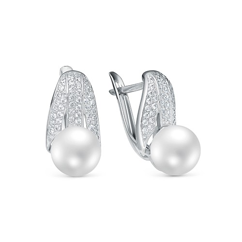 Серьги из серебра с белыми жемчужинами 8-8,5 мм. Артикул 11365