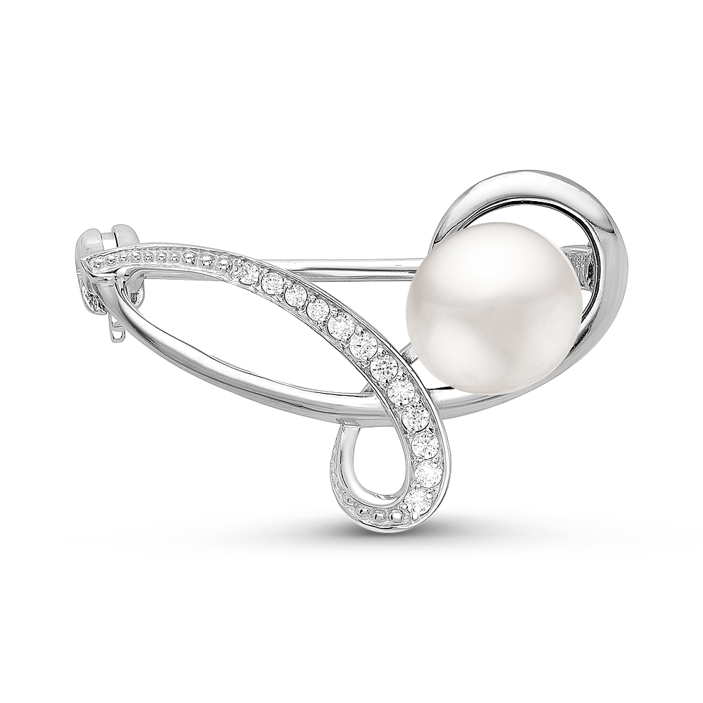 Брошь из серебра с белой речной жемчужиной 7,5-8 мм. Артикул 11063