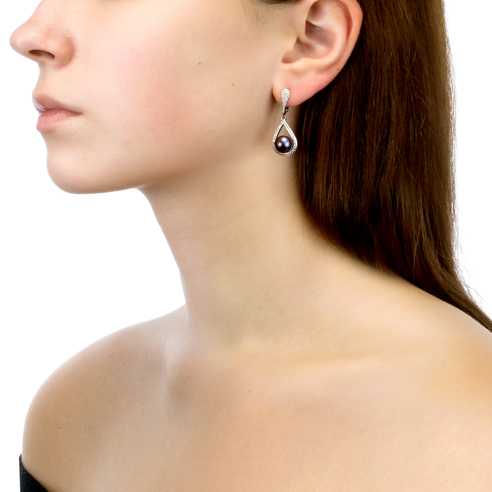 Серьги из серебра с черными жемчужинами 8,5-9 мм. Артикул 11340