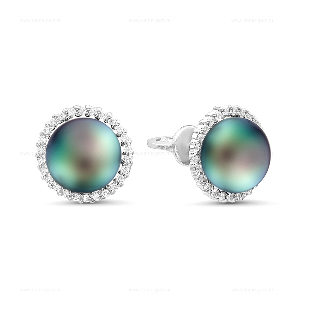 Серьги-пусеты из серебра с черными жемчужинами 7-7,5 мм. Артикул 11576