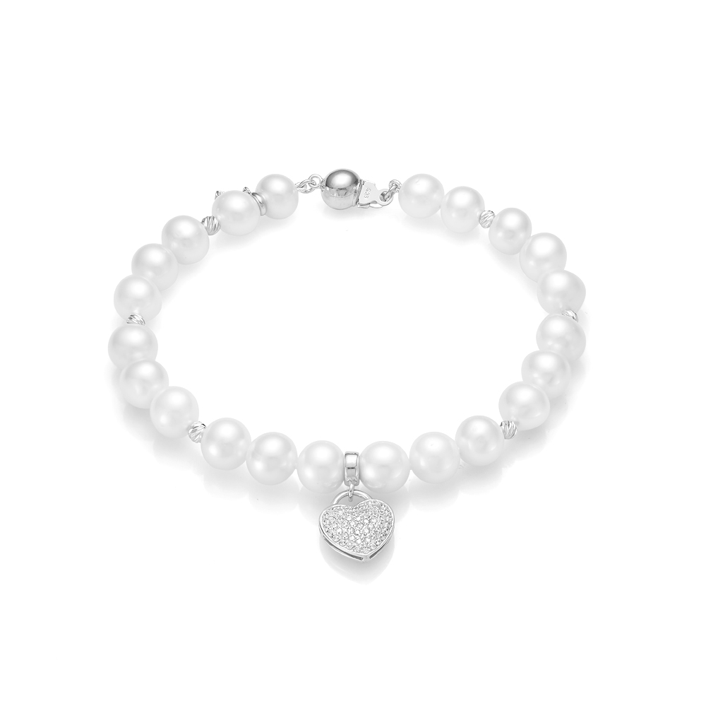 Браслет из белого жемчуга 7,5-8 мм с подвеской "Сердце". Качество жемчуга наивысшее ААА. Артикул 11628