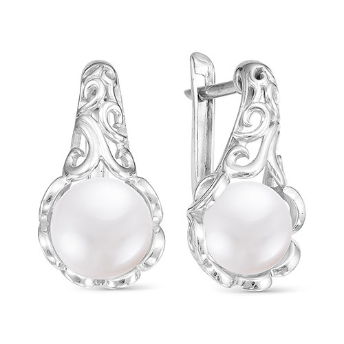 Серьги серебряные с белыми жемчужинами 8-8,5 мм. Артикул 8124