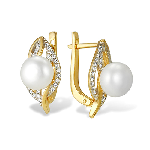 Серьги из желтого золота с белыми жемчужинами 8-8,5 мм. Артикул 11986