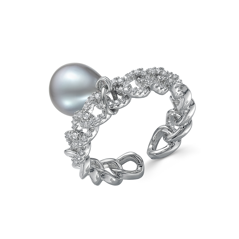 Кольцо из бижутерного сплава с серебристой жемчужиной 9-10 мм. Артикул 12710