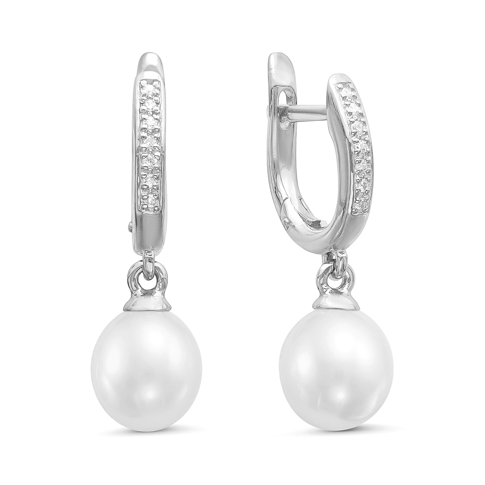 Серьги из золота с белыми пресноводными жемчужинами 9-10 мм. Артикул 10668