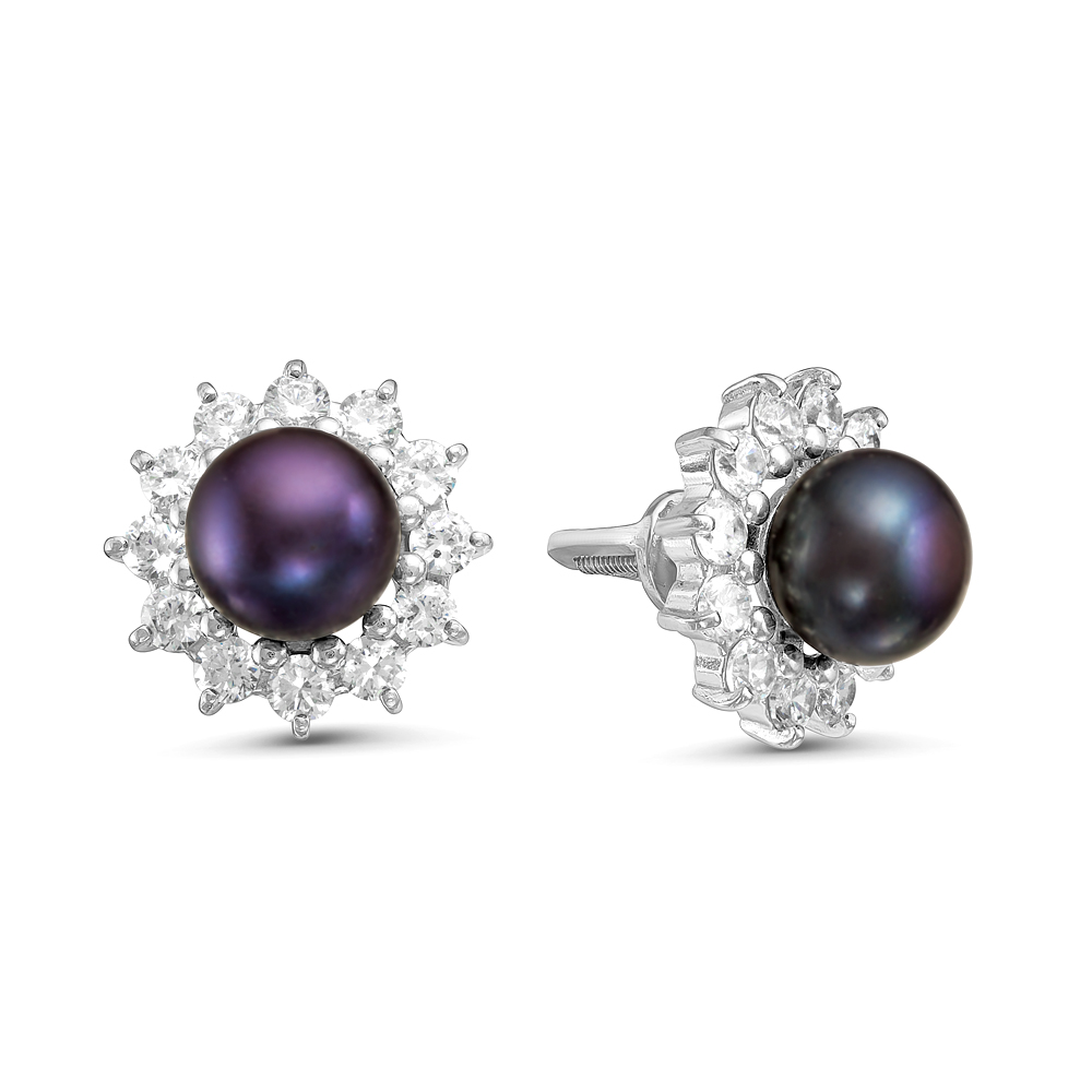 Серьги из серебра с черными жемчужинами 7,5-8 мм. Артикул 11936 Серьги из серебра с черными жемчужинами 7,5-8 мм. Артикул 11936