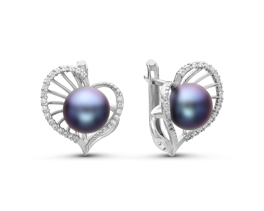 Серьги из серебра с черными жемчужинами 7,5-8 мм. Артикул 11897 Серьги из серебра с черными жемчужинами 7,5-8 мм. Артикул 11897