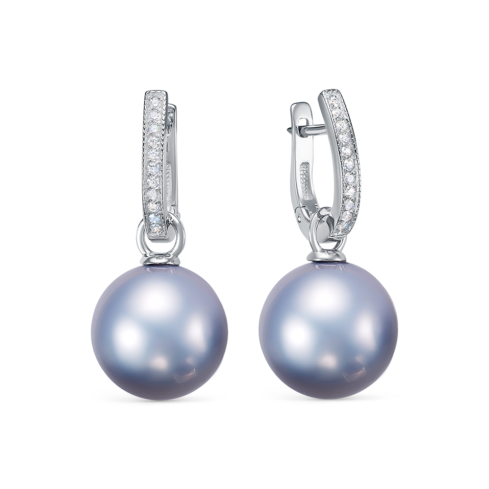 Серьги из серебра с серебристыми жемчужинами "Майорика" 14 мм. Артикул 10653