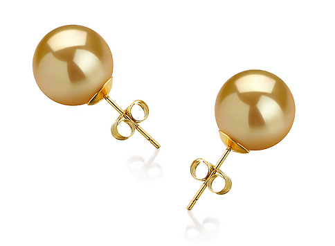 Пусеты из золота 585 пробы с золотистыми Австралийскими жемчужинами 11,6-11,9 мм . Артикул 11304