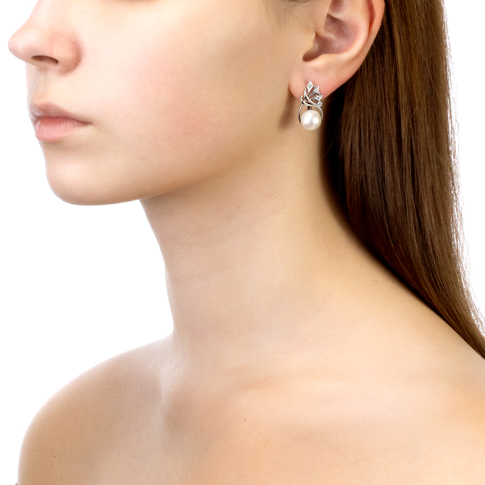 Серьги из серебра с белыми жемчужинами 9,5-10 мм. Артикул 11554