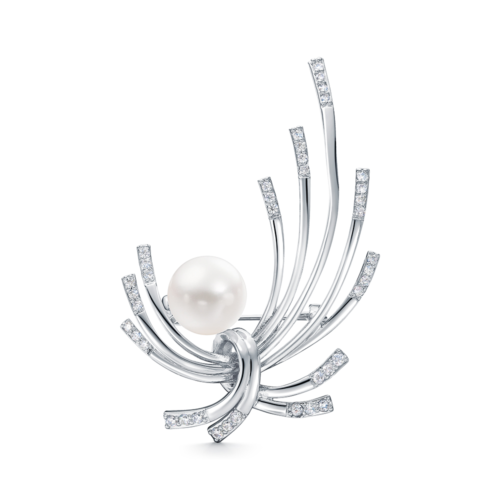 Брошь из сплава с белой речной жемчужиной 11-11,5 мм. Артикул 12140