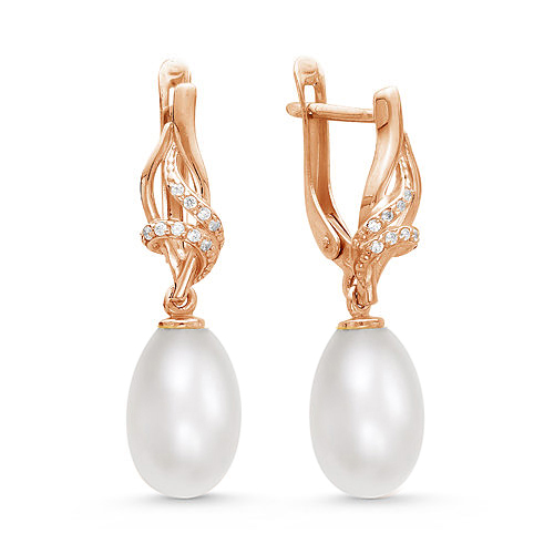 Серьги из красного золота с белыми жемчужинами 9-10 мм. Артикул 12104 Серьги из красного золота с белыми жемчужинами 9-10 мм. Артикул 12104