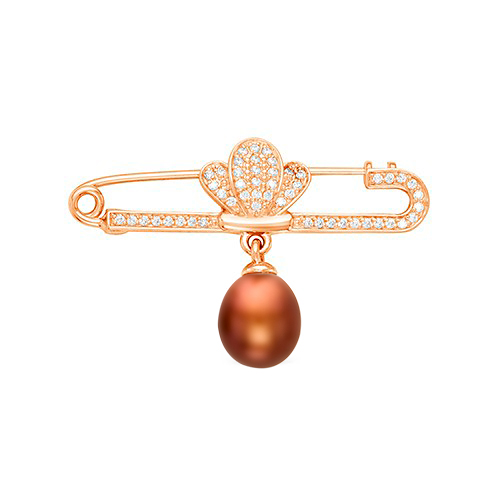 Брошь из серебра с шоколадной жемчужиной "капля" 8,5-9 мм. Артикул 12543
