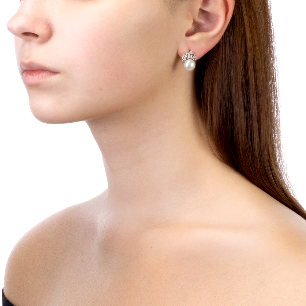 Серьги из серебра с белыми жемчужинами 8,5-9 мм. Артикул 11975