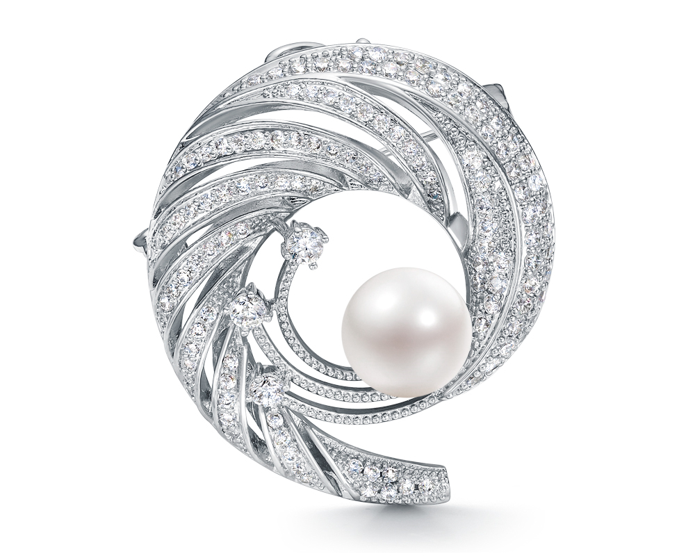 Брошь-кулон из сплава с белой речной жемчужиной 8,5-9 мм. Артикул 11947