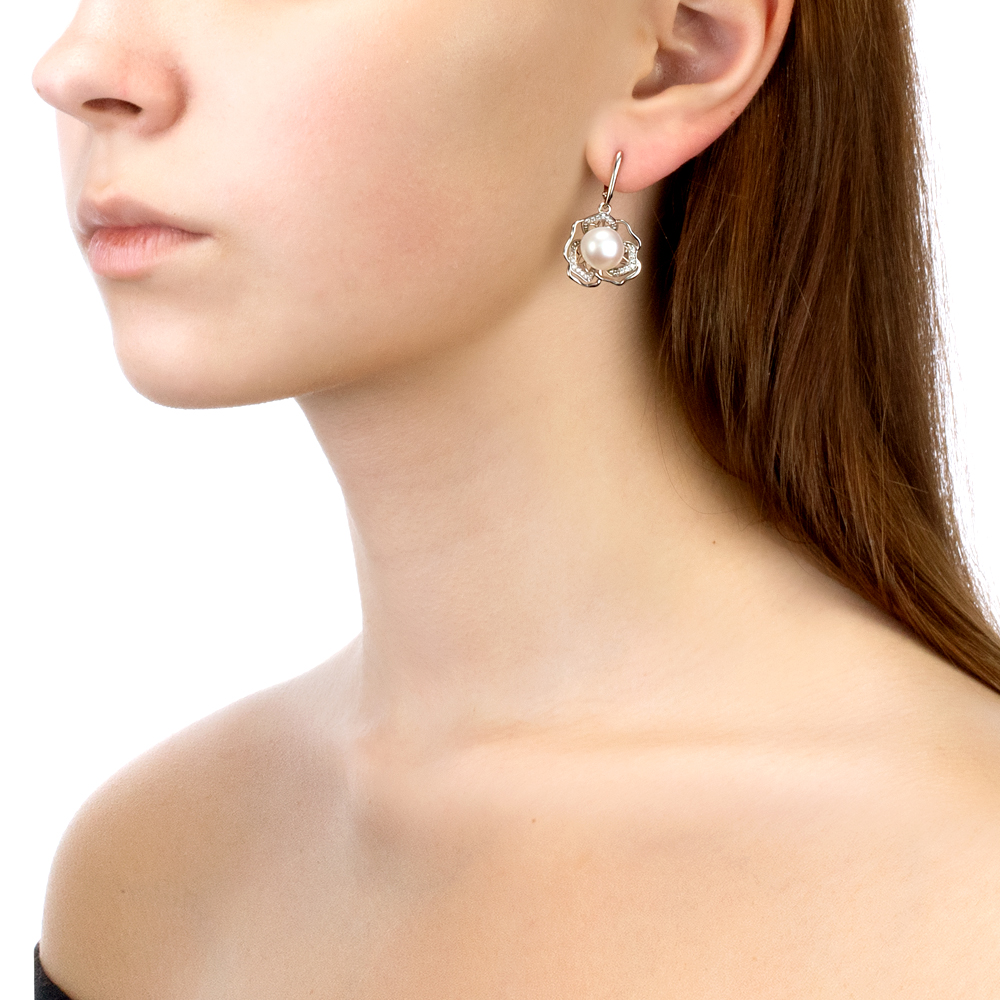 Серьги из серебра с белыми жемчужинами 9,5-10 мм. Артикул 11546