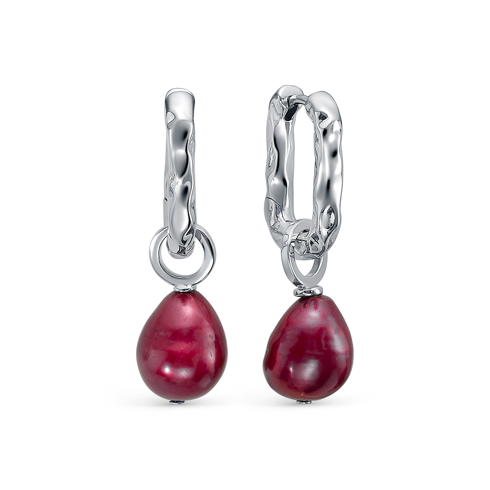 Серьги из бижутерного сплава с красными барочными жемчужинами 11-12 мм. Артикул 12689