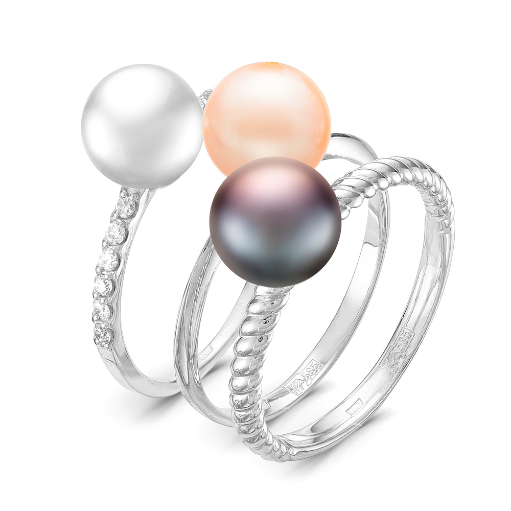 Кольцо тройное из серебра 925 пробы с жемчужинами "микс" 7-7,5 мм. Артикул 11813