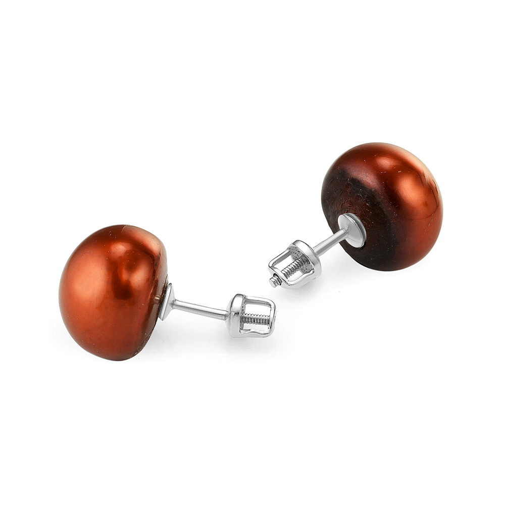 Пусеты из серебра с шоколадными жемчужинами 9,5-10 мм. Артикул 11534 Пусеты из серебра с шоколадными жемчужинами 9,5-10 мм. Артикул 11534