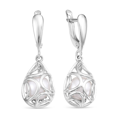 Серьги из серебра с белыми жемчужинами 8-8,5 мм. Артикул 12407