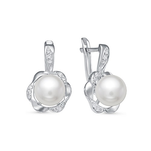 Серьги из серебра с белыми жемчужинами 8-8,5 мм. Артикул 12397