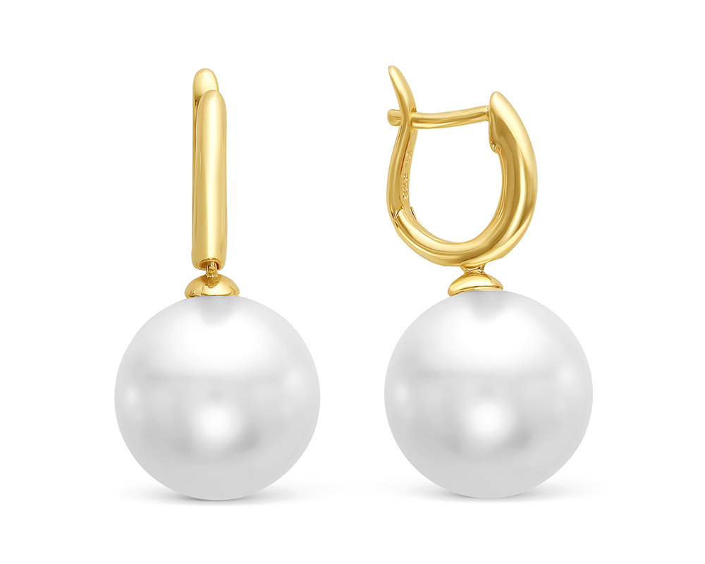 Серьги из золота с белыми Австралийскими жемчужинами 13-13,5 мм. Артикул 10009