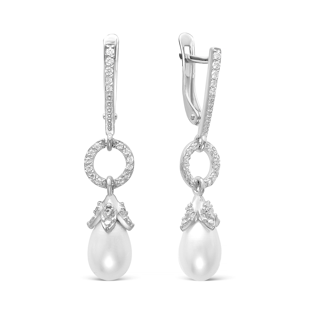 Серьги из серебра с белыми жемчужинами 7,5-8 мм. Артикул 12411
