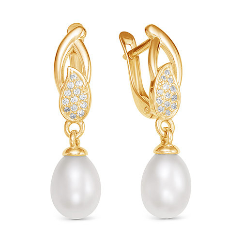 Серьги из желтого золота с белыми жемчужинами 9-10 мм. Артикул 12182