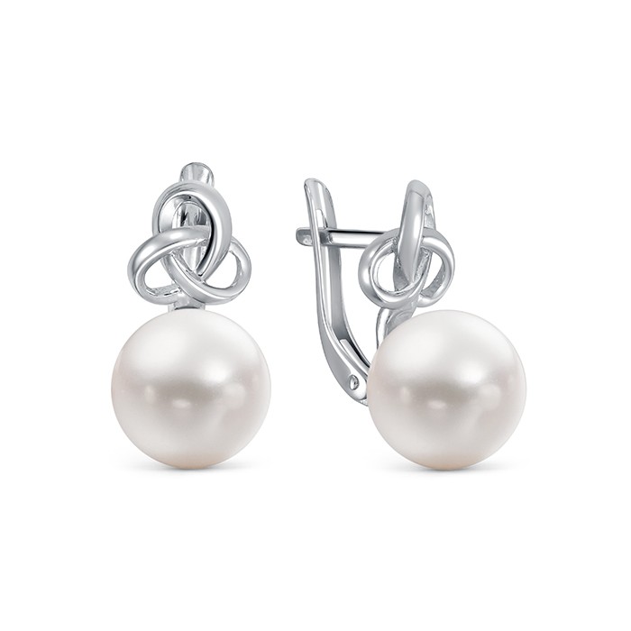 Серьги из белого золота с белыми жемчужинами 8,5-9 мм. Артикул 12849