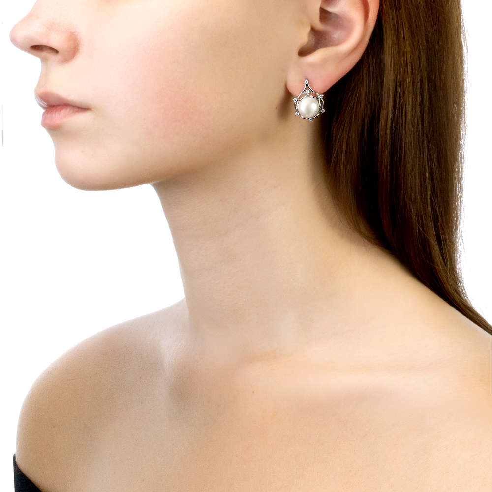 Серьги из серебра с белыми жемчужинами 9,5-10 мм. Артикул 11316