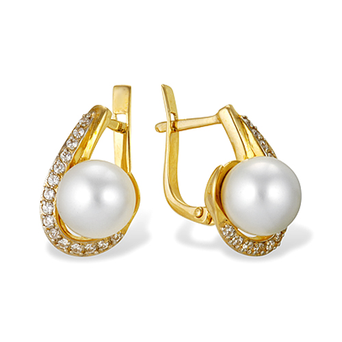 Серьги из желтого золота с белыми жемчужинами 8-8,5 мм. Артикул 9511