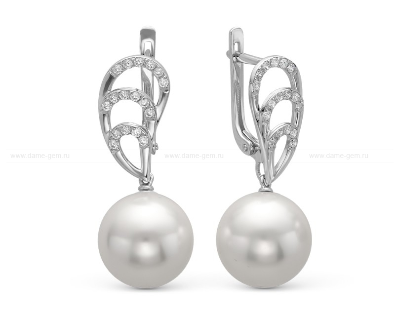Серьги из серебра с японскими белыми жемчужинами 13-14 мм. Артикул 11822 Серьги из серебра с японскими белыми жемчужинами 13-14 мм. Артикул 11822