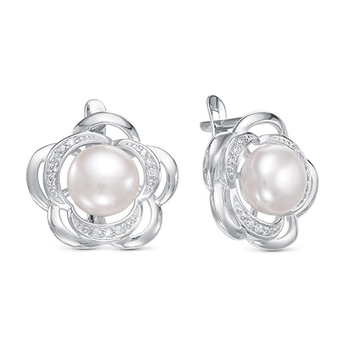 Серьги из серебра с белыми жемчужинами 8 мм. Артикул 11306