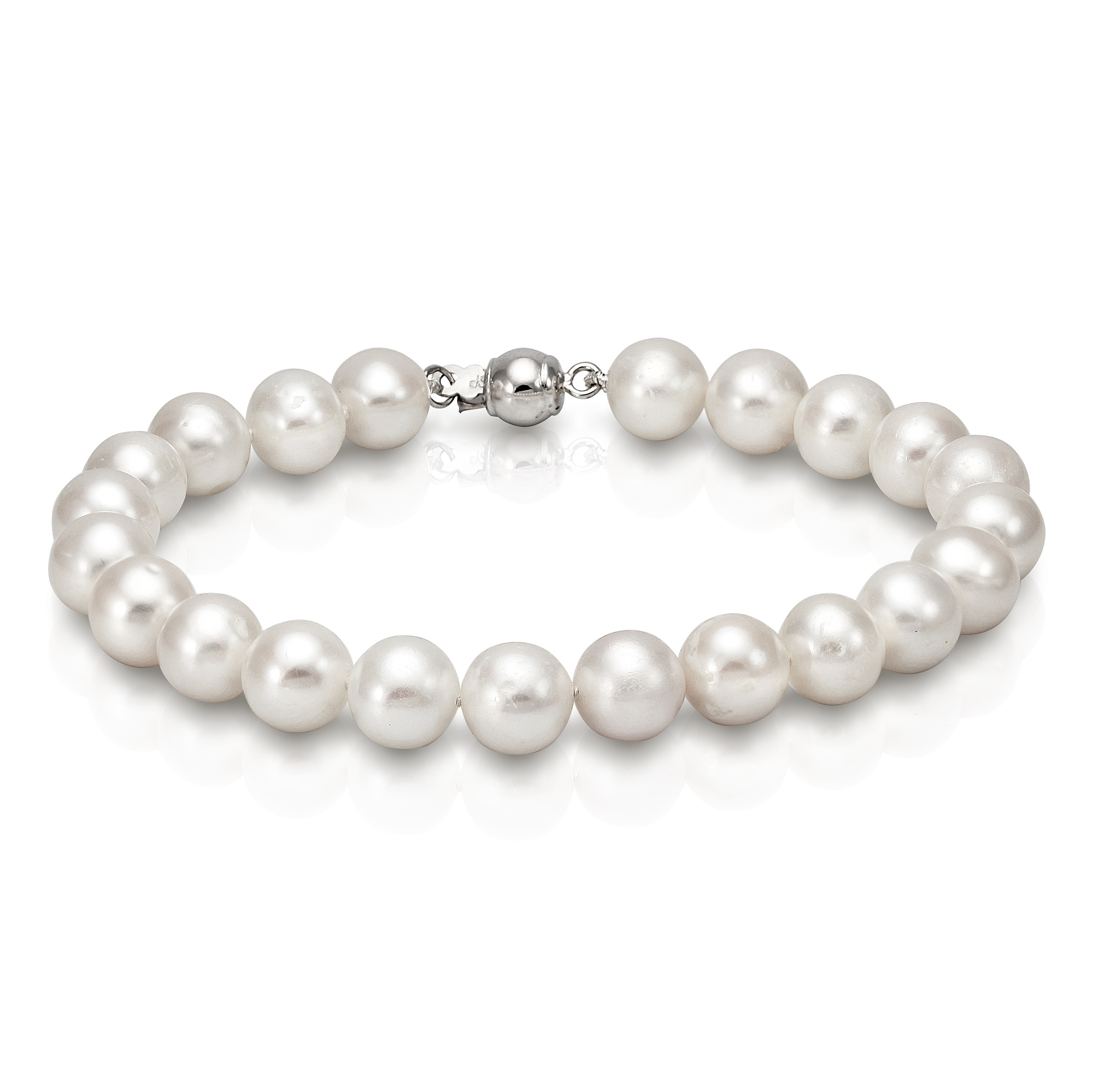 Браслет из белого круглого речного жемчуга 8,5-9,5 мм. Качество жемчуга наивысшее ААА. Артикул 11627