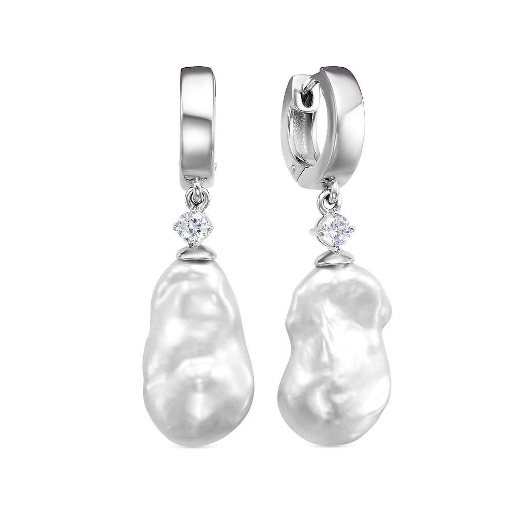 Серьги из серебра с белыми жемчужинами "барокко" 12-15 мм. Артикул 12442