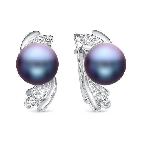 Серьги из серебра с черными жемчужинами 7-7,5 мм. Артикул 11348