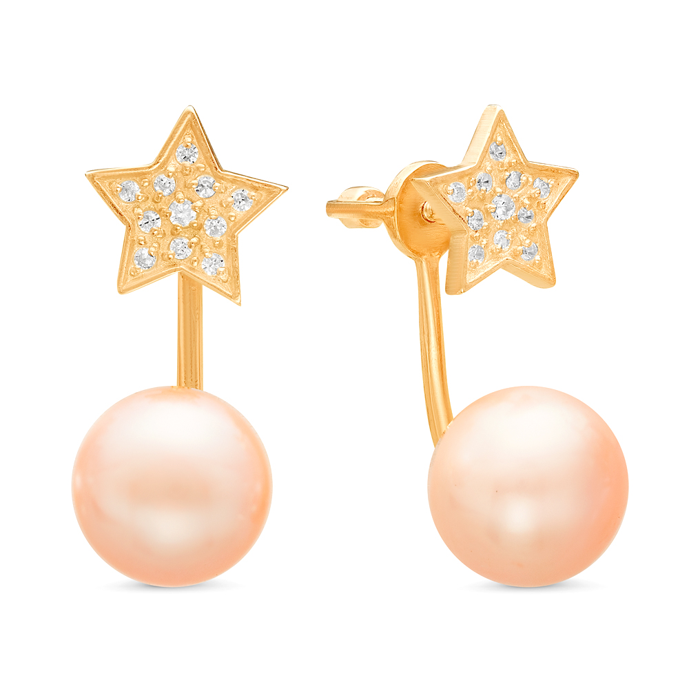 Двойные пусеты "Dior" из серебра с розовыми жемчужинами 10,5-11 мм. Артикул 11312