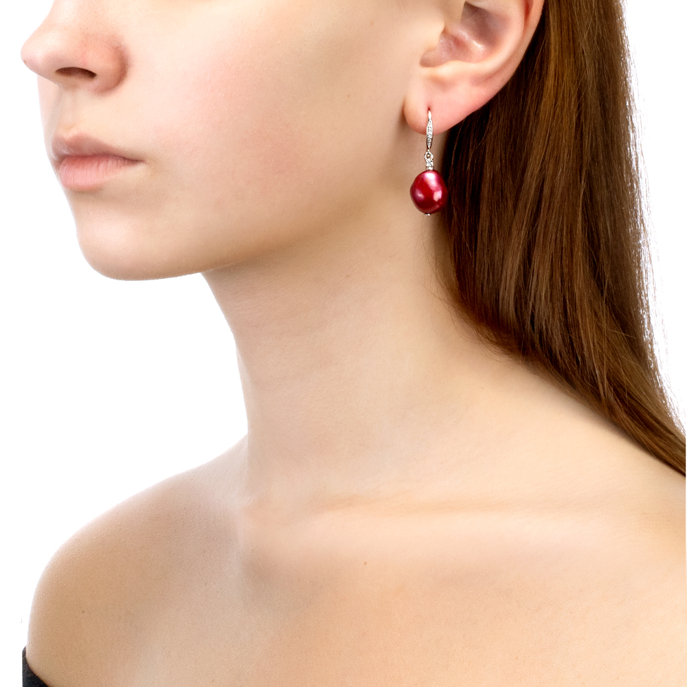 Серьги из серебра с красными жемчужинами 11-12 мм. Артикул 11565