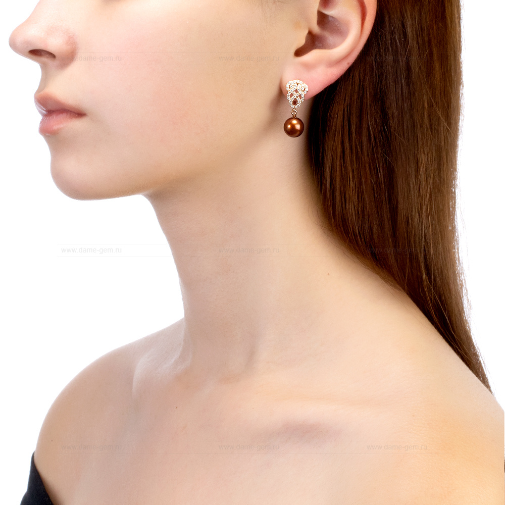 Серьги из серебра с шоколадными жемчужинами 9,5-10 мм. Артикул 12544