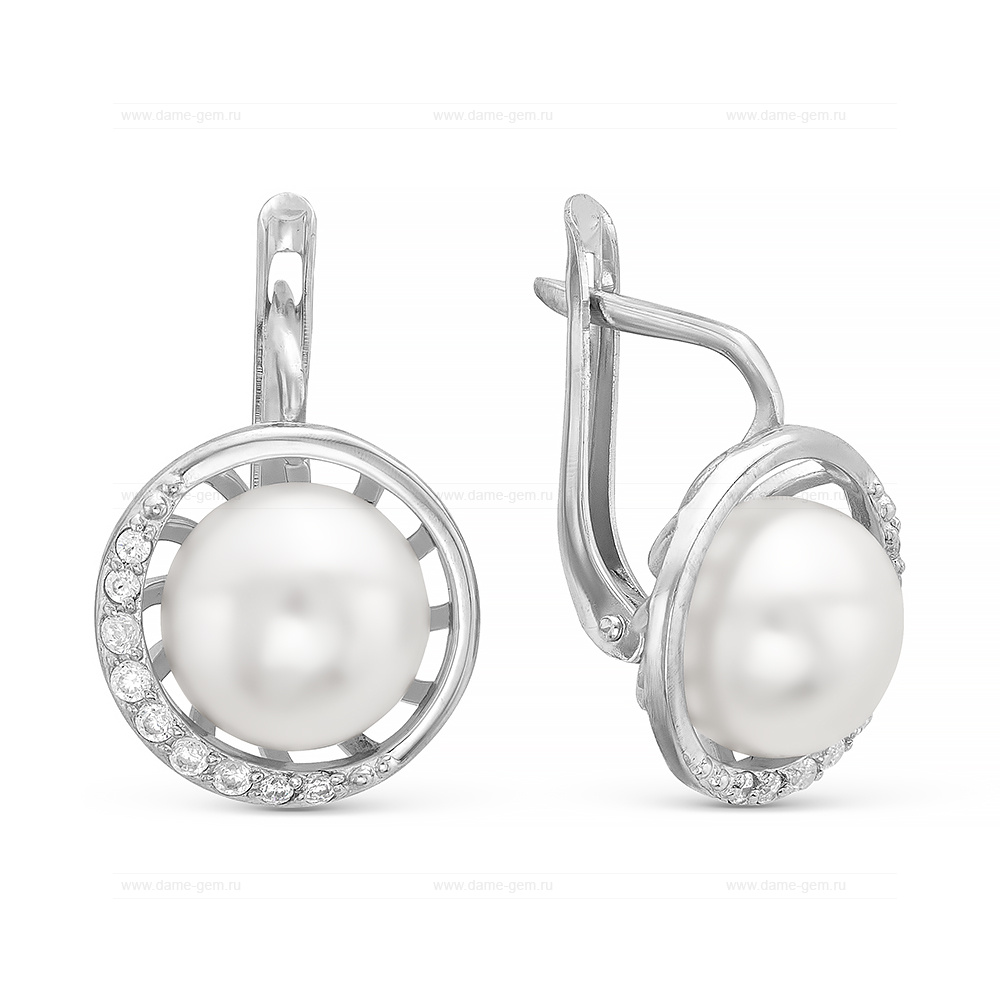 Серьги из серебра с белыми жемчужинами 9,5-10 мм. Артикул 11934