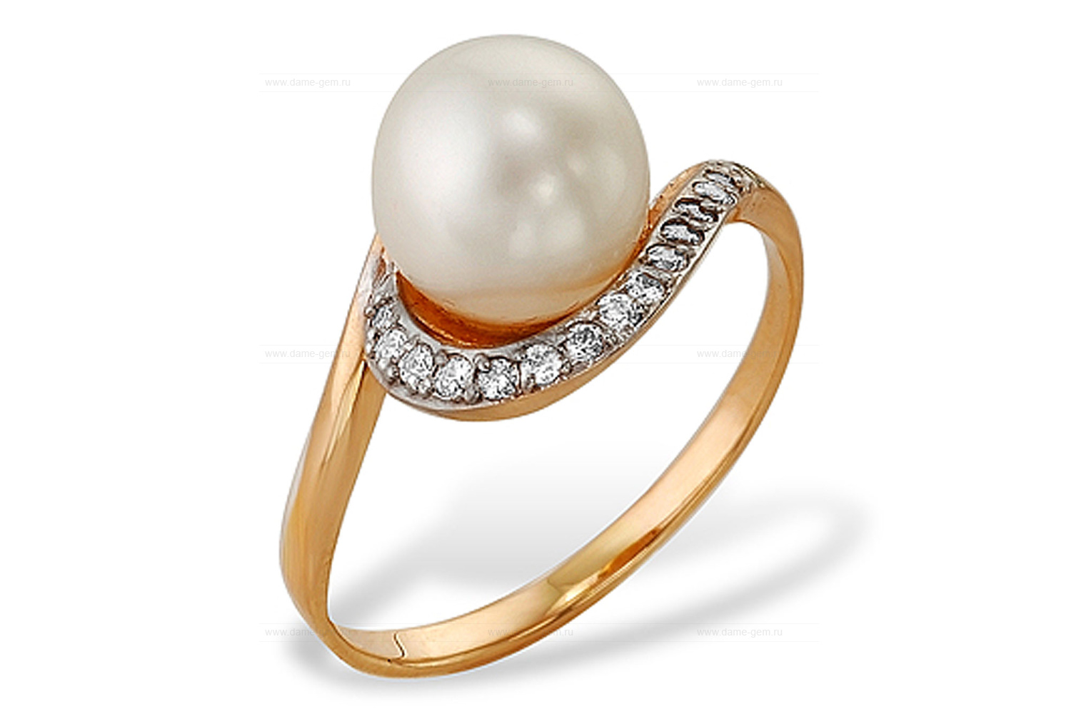 Кольцо из красного золота 585 пробы с белой жемчужиной 8,5-9 мм. Артикул 9555