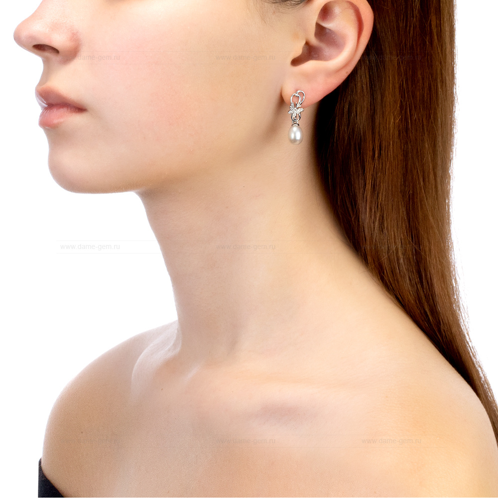 Серьги из серебра с белыми жемчужинами 7,5-8 мм. Артикул 12412