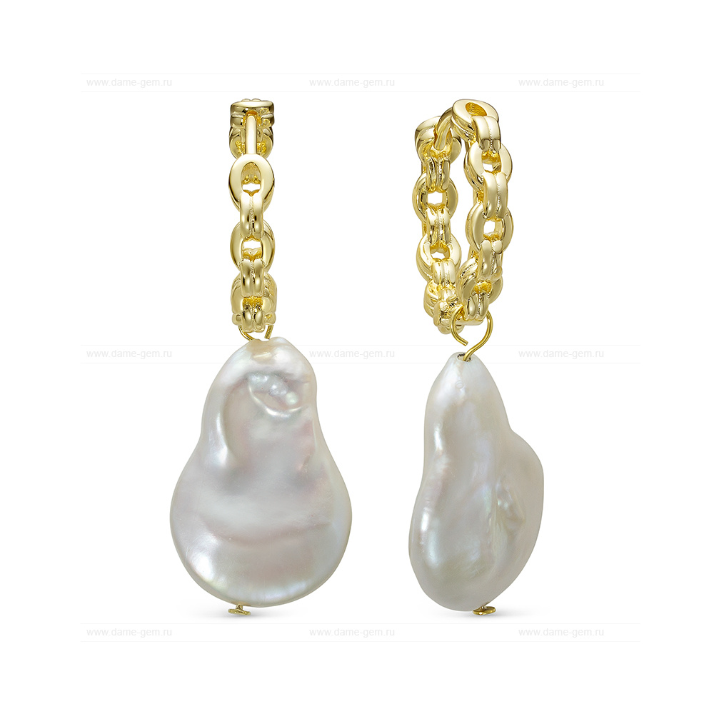 Серьги из бижутерного сплава с белыми барочными жемчужинами 17 мм. Артикул 12745