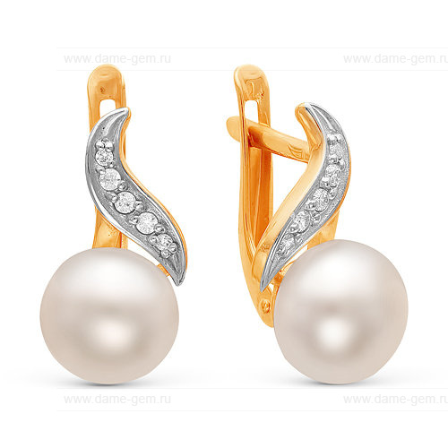 Серьги из красного золота с белыми жемчужинами 8,5-9 мм. Артикул 12011